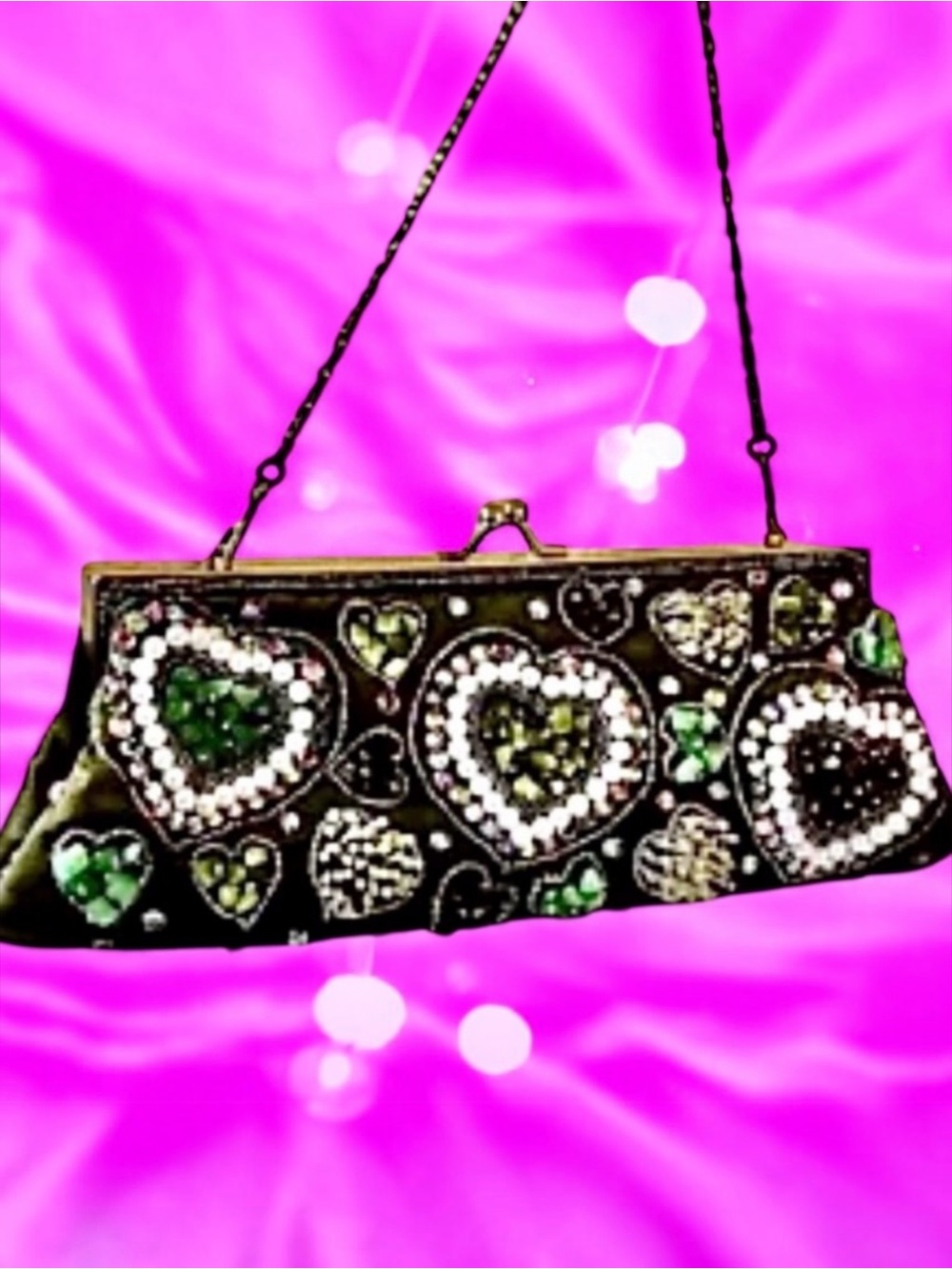 LAPIS Brand Vintage Green Clutch or Chain Handbag BEADS Embellished Kiss Lock
